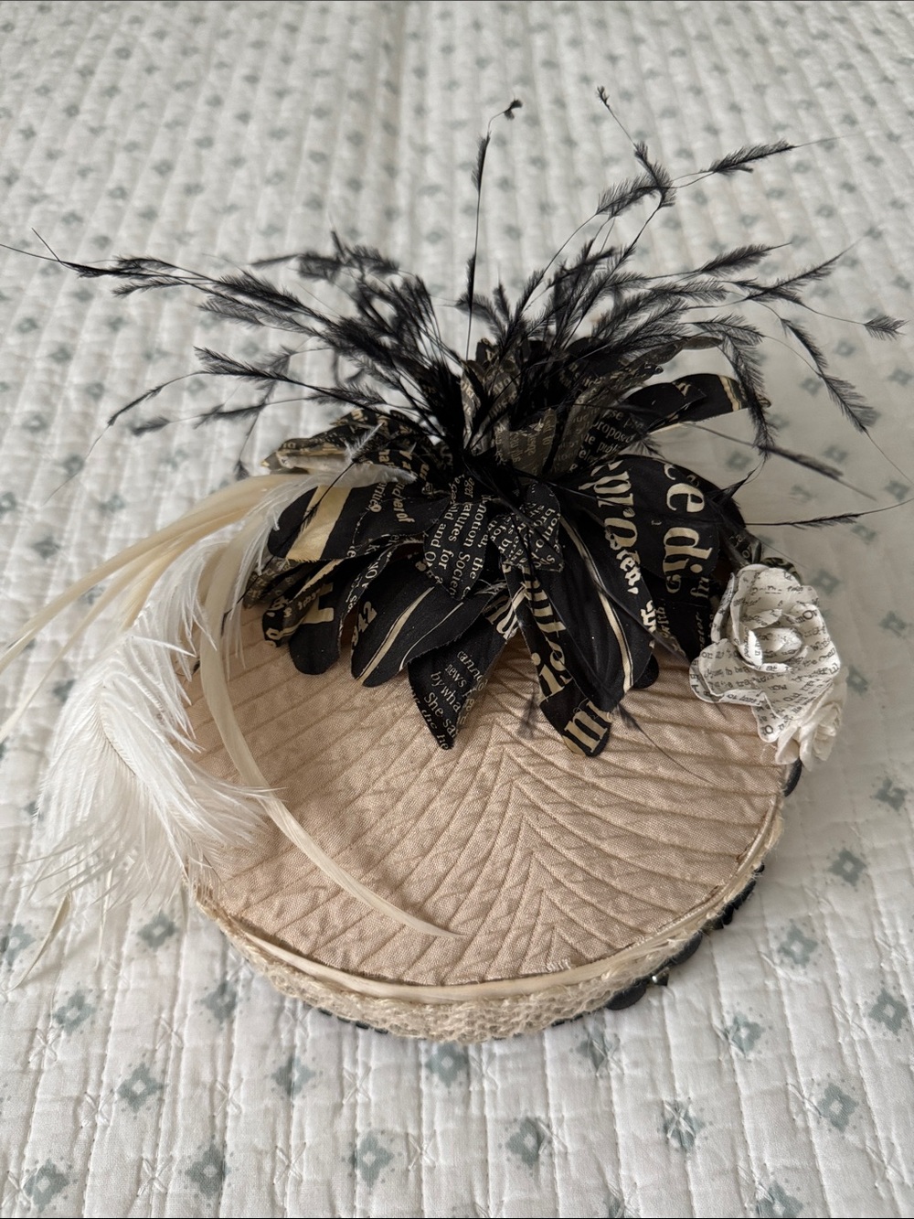 Vintage-Inspired Beige Straw Fabric Pillbox Hat with Black Feather Accent